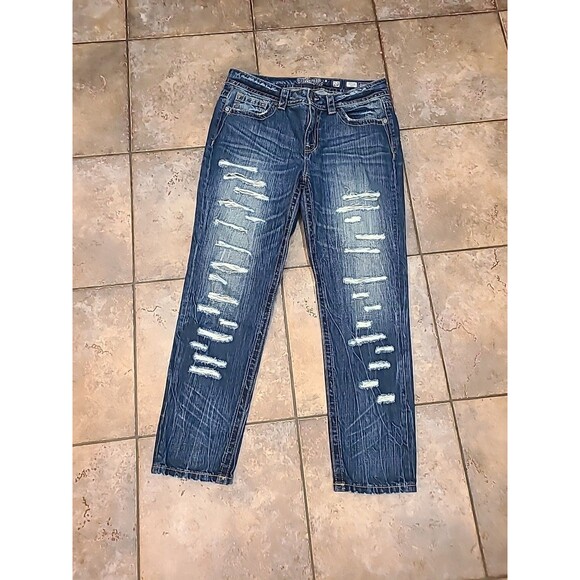 Miss Me Boyfriend Ankle Jeans Womens 29 Blue Medium Wash Distressed Denim Y2k - Picture 1 of 16